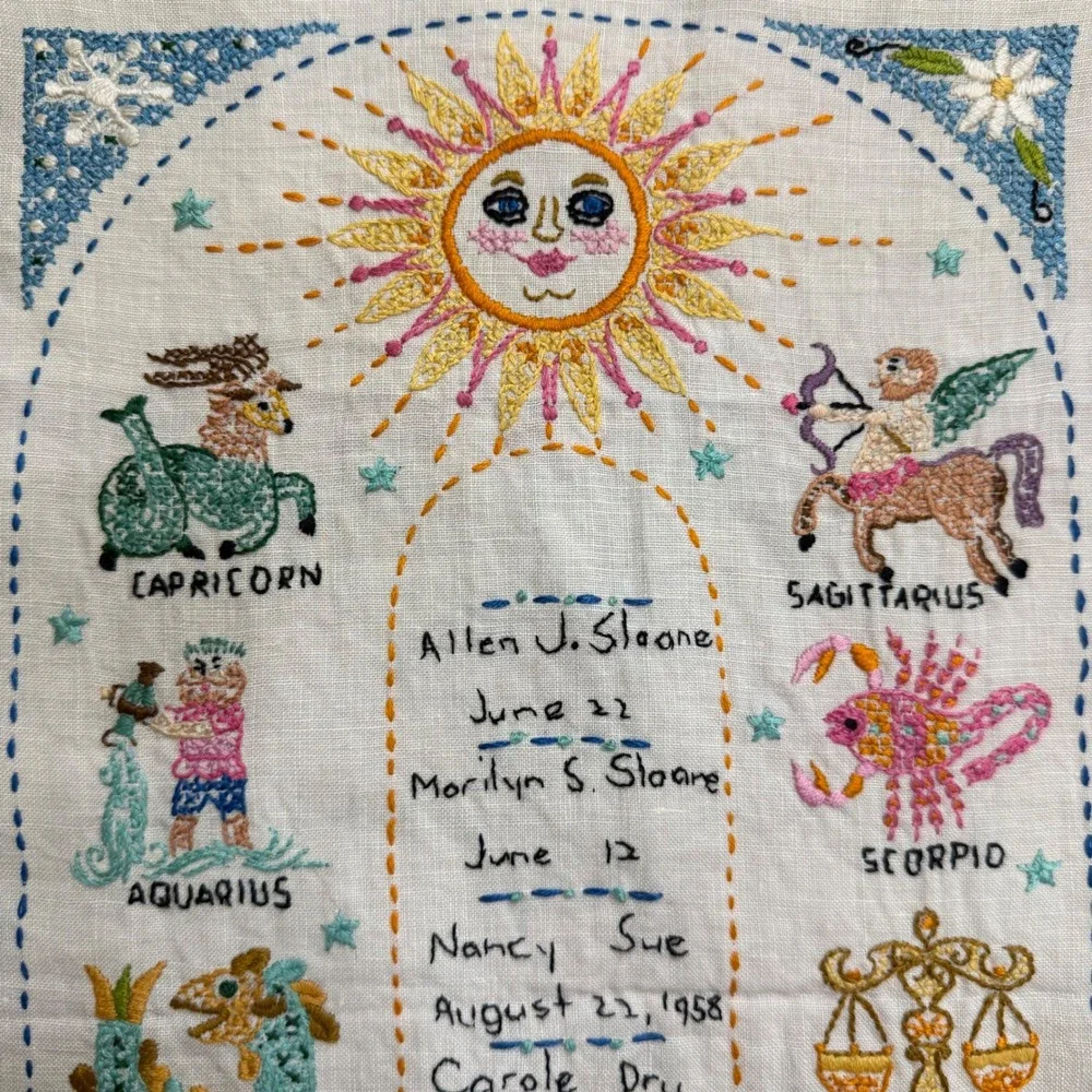 Vintage Zodiac Astrology Hand Finished Cross Stitch Bohemian Folk Art Embroidery